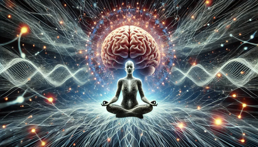 A conceptual artistic visualization of a meditating figure with a radiant brain, surrounded by pulsating neural connections that expand outward. The image symbolizes meditation’s role in reducing stress, enhancing memory, and building mental resilience.