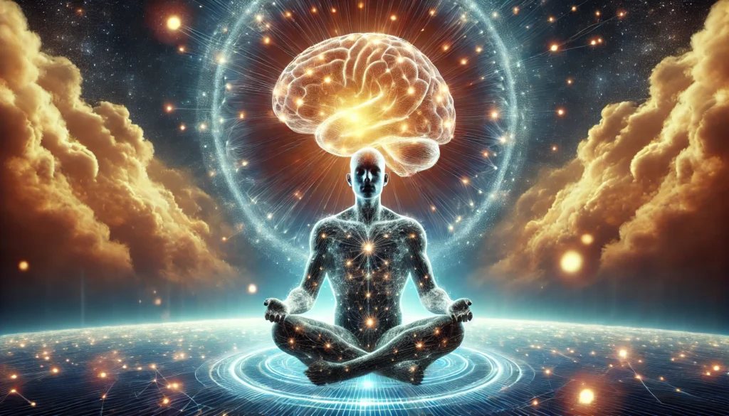 A futuristic digital representation of a human brain illuminated with glowing neural connections, forming new pathways as a person meditates. The cosmic-like energy field in the background symbolizes the power of meditation in reshaping brain structure.