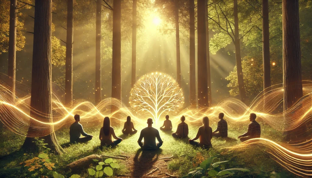 A peaceful forest clearing with a group of people meditating in a circle, surrounded by soft golden light filtering through the trees. Glowing energy waves connect them, symbolizing the shared benefits of meditation on mental health and neural pathway strengthening.