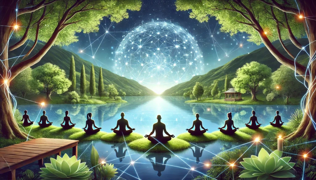 A peaceful meditation retreat setting with a group of people meditating near a tranquil lake, surrounded by lush greenery and glowing energy lines connecting them. The scene symbolizes collective mindfulness and its benefits for brain health.