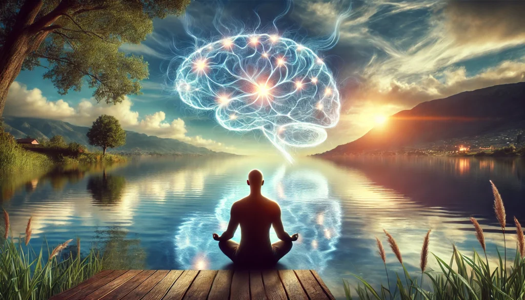 A tranquil nature setting featuring a person practicing deep breathing meditation by a calm lake, with soft energy waves emanating from their mind. The reflection of the sky in the water forms glowing neural connections, symbolizing enhanced memory and focus.