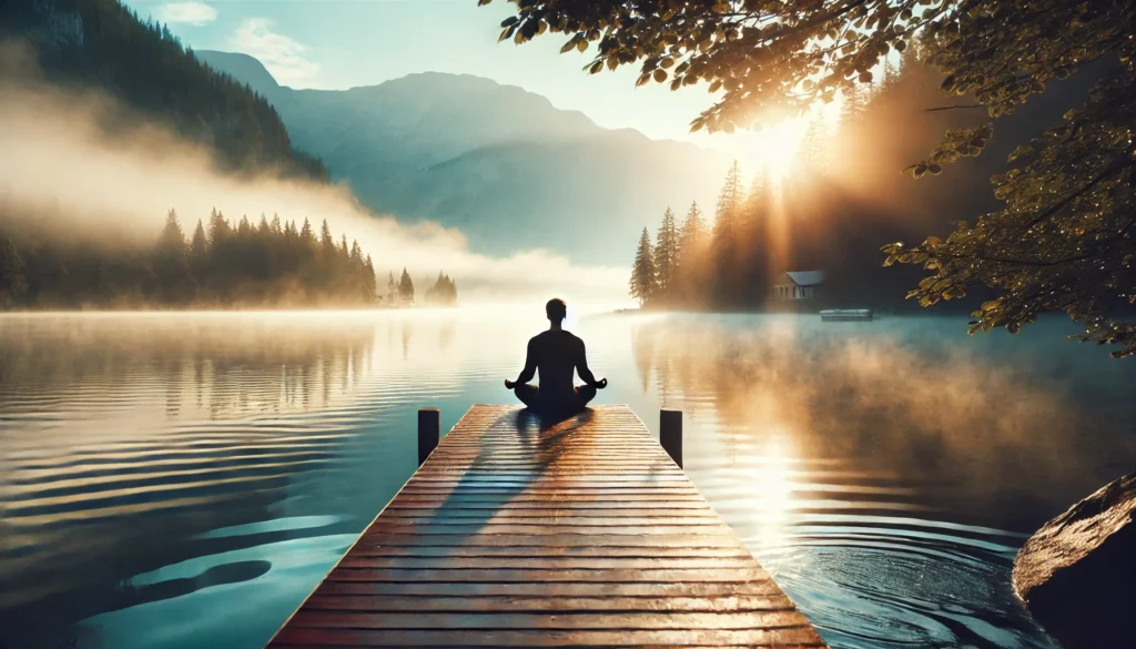 A tranquil lakeside setting with a person practicing mindfulness meditation on a wooden dock, surrounded by soft morning light and gentle ripples in the water. The scene represents deep relaxation, mental clarity, and stress relief through meditation.