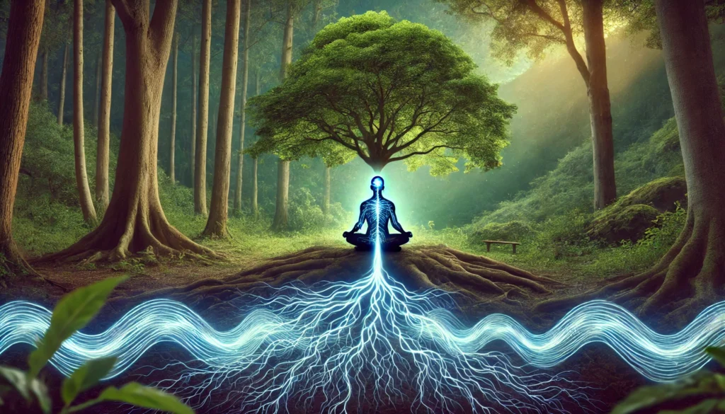 A tranquil forest setting with a person meditating under a tree, with glowing roots extending from their body into the earth. The radiant energy waves surrounding them symbolize meditation’s role in deepening neural connections and enhancing cognitive function.