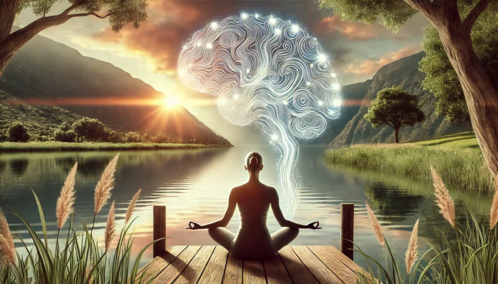 A tranquil nature setting with a person practicing yoga by a calm lake, their mind radiating soft glowing waves symbolizing mental clarity and focus. The image represents the connection between mindfulness, neural pathway development, and cognitive enhancement.