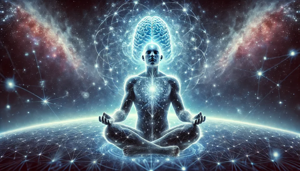 A futuristic digital representation of a meditating person with their brain emitting glowing, synchronized waves, surrounded by a cosmic backdrop. The image represents the scientific connection between meditation and enhanced brain function.