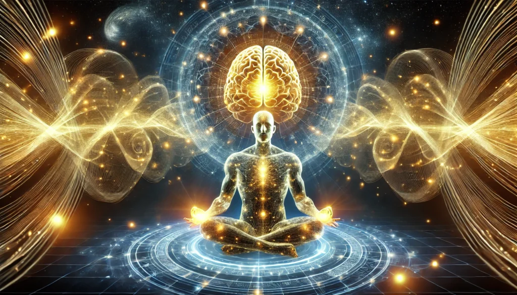 A futuristic digital representation of a meditating figure with their brain emitting synchronized golden energy waves, surrounded by a cosmic backdrop. The glowing neural pathways highlight the role of meditation in strengthening cognitive function and memory recall.