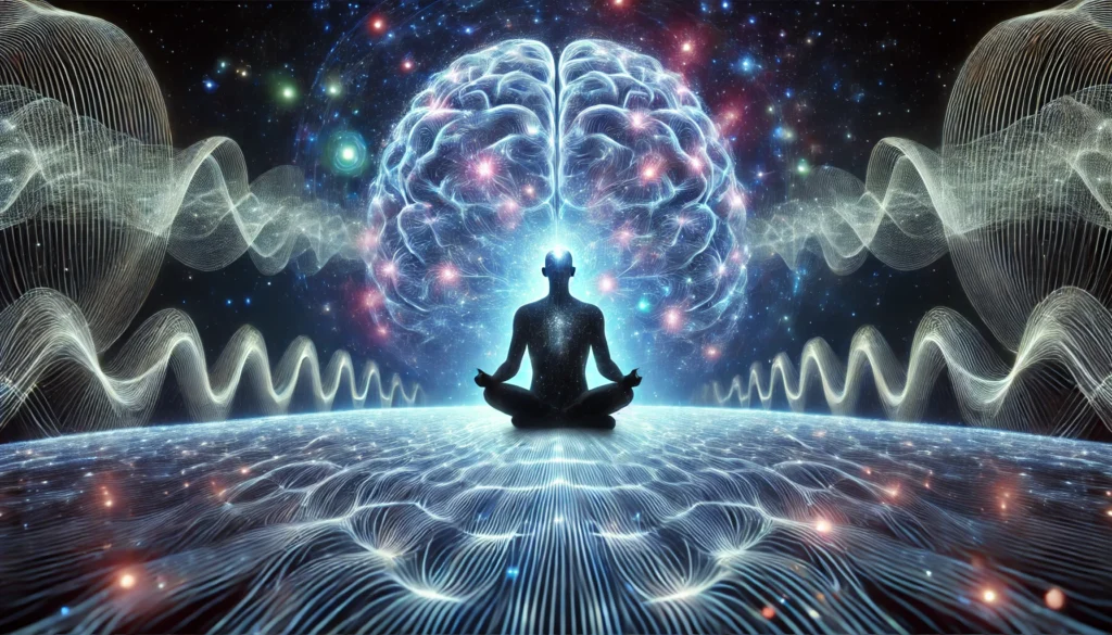 A futuristic digital representation of a meditating person with their brain emitting synchronized calming waves, surrounded by a cosmic energy field. The glowing neural pathways highlight meditation’s ability to reduce stress and strengthen mental resilience.