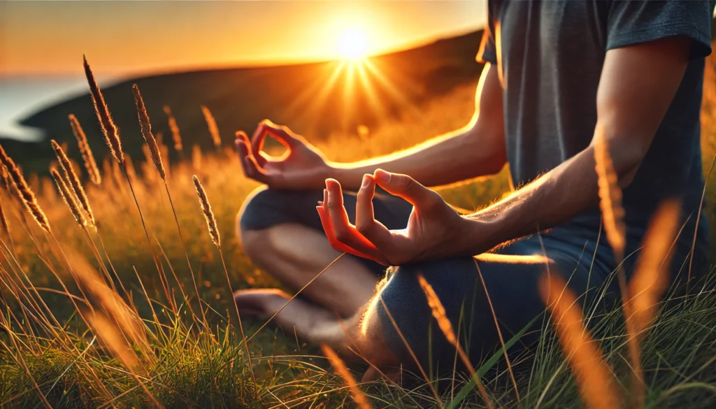 A close-up of a person’s hands in a meditative pose, palms facing upward, as they sit cross-legged on a grassy hill at sunset. The warm glow of the sun and peaceful surroundings highlight the power of daily meditation for stress relief.