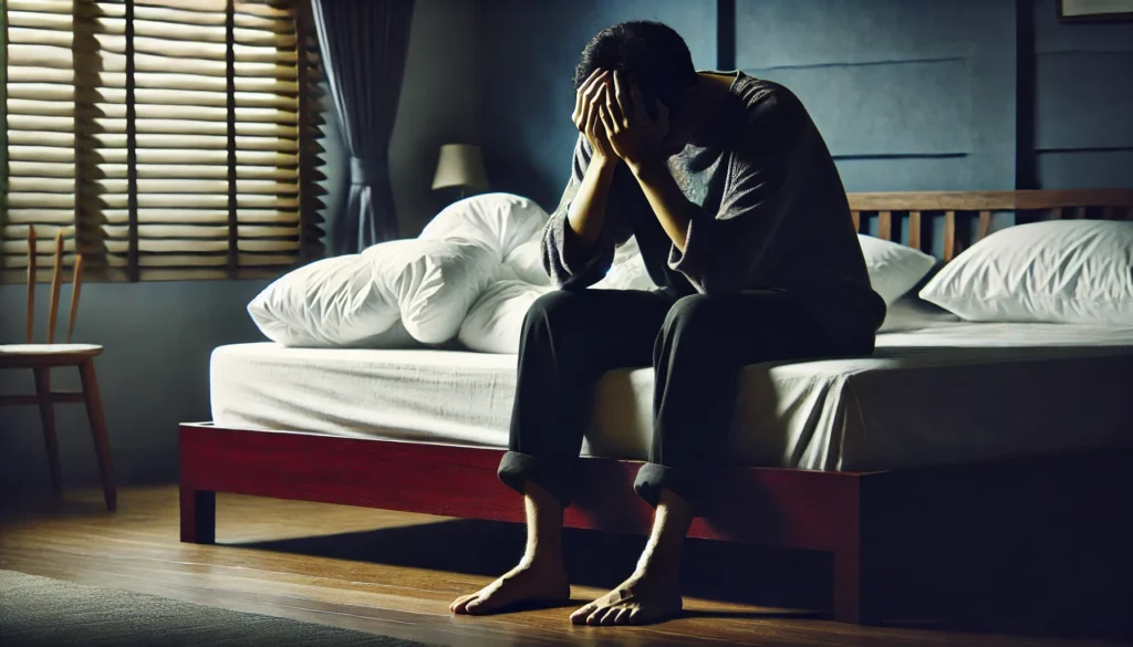 A person sitting on the edge of their bed in a dimly lit bedroom, holding their head in their hands. The background shows an unmade bed, symbolizing restlessness, fatigue, and emotional exhaustion.