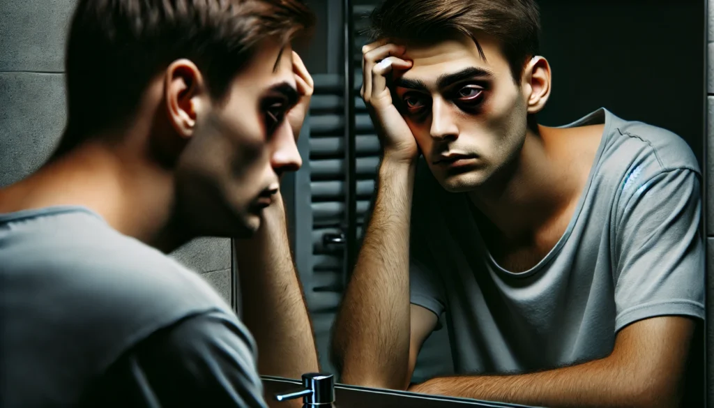 A person standing in front of a mirror in a dimly lit bathroom, looking exhausted and drained. Dark circles under their eyes and a weary expression reflect extreme mental fatigue.