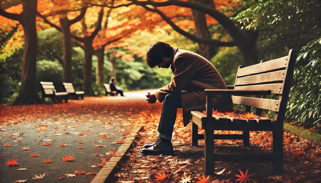 A person sitting alone on a park bench during autumn, gazing at the ground with a distant expression. Fallen leaves surround them, emphasizing feelings of mental exhaustion and emotional fatigue.