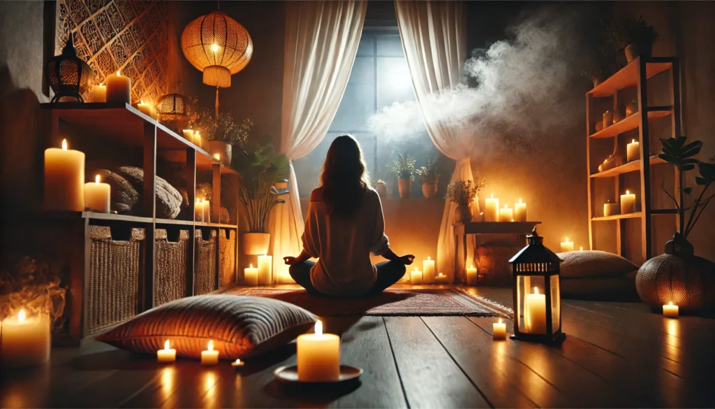 A peaceful meditation scene with a person sitting in a dimly lit room, surrounded by candles and soft cushions, engaging in deep breathing exercises for relaxation and mental clarity.