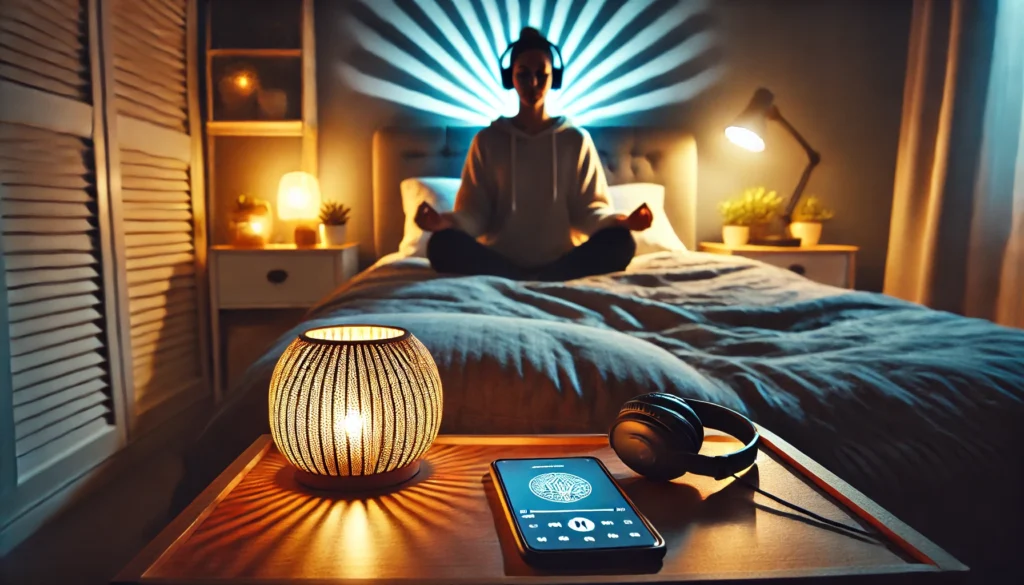 A cozy setting where a person is lying down in a bedroom, listening to meditation music through headphones, with a warm bedside lamp glow creating a calming atmosphere.