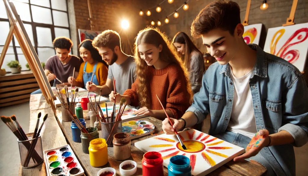 Teenagers participating in a mindful art activity, painting and drawing together in a creative studio. They are focused and smiling, surrounded by colorful paint, brushes, and canvases. The space is filled with warm lighting, fostering creativity and relaxation.