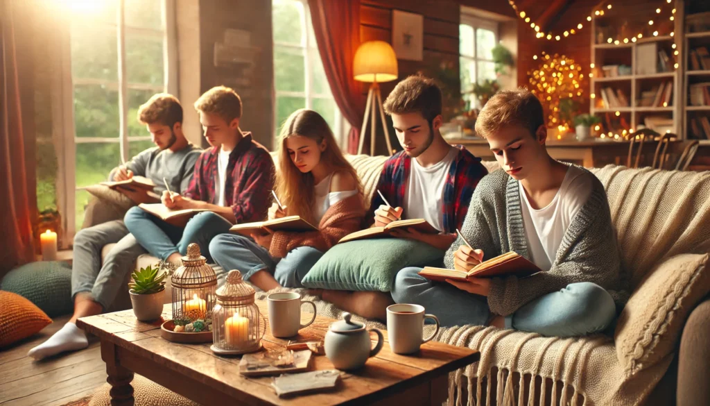 A group of teenagers sitting together on a cozy couch, practicing gratitude journaling. They write in notebooks with peaceful expressions, sipping tea, surrounded by soft pillows and warm lighting. A window in the background reveals a tranquil outdoor setting, enhancing the relaxing atmosphere.