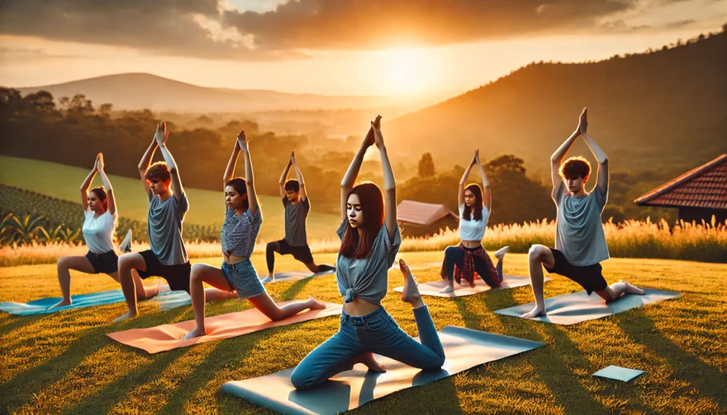 Teenagers engaging in a mindful yoga session on a grassy field during sunset. They are stretching and balancing in various yoga poses, with a serene landscape in the background. The warm golden light and peaceful atmosphere promote relaxation and self-awareness.