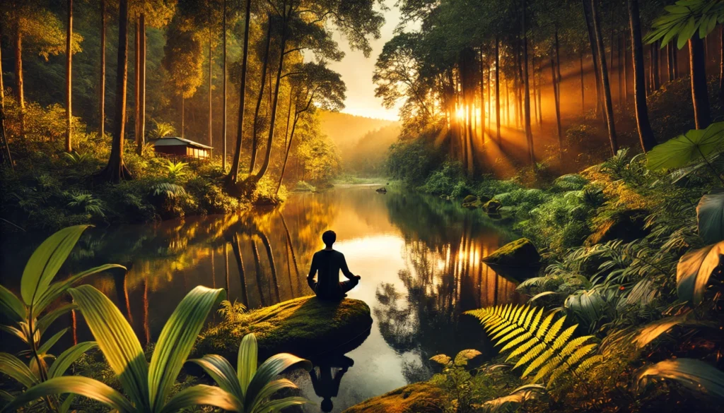 A calm forest scene with a gentle river reflecting the golden hues of the sunset, where a person practices deep breathing on a rock amidst lush greenery.