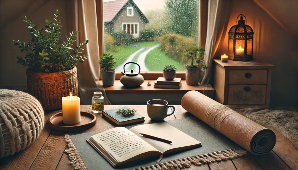 A cozy indoor mindfulness setup with a soft yoga mat, an open notebook, and a cup of herbal tea on a wooden table. A candle emits a gentle glow, while a window shows a peaceful, rainy afternoon outside.