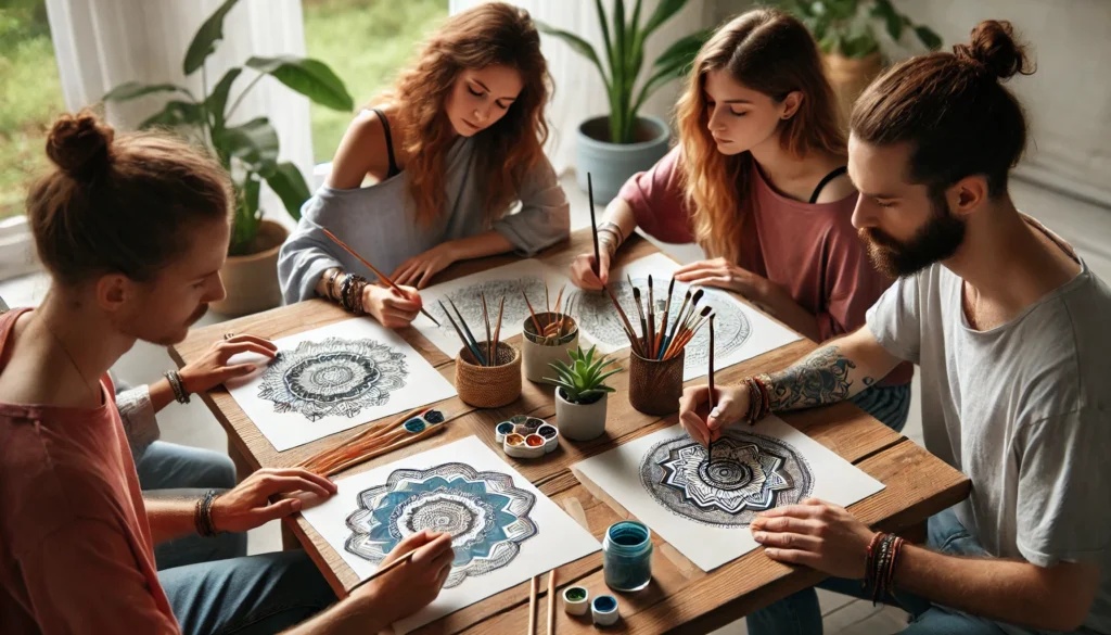 A group of friends gathered around a wooden table, participating in a mindful art activity. They are painting mandalas and abstract designs with deep focus. Soft natural light and plants in the background enhance the calming atmosphere.