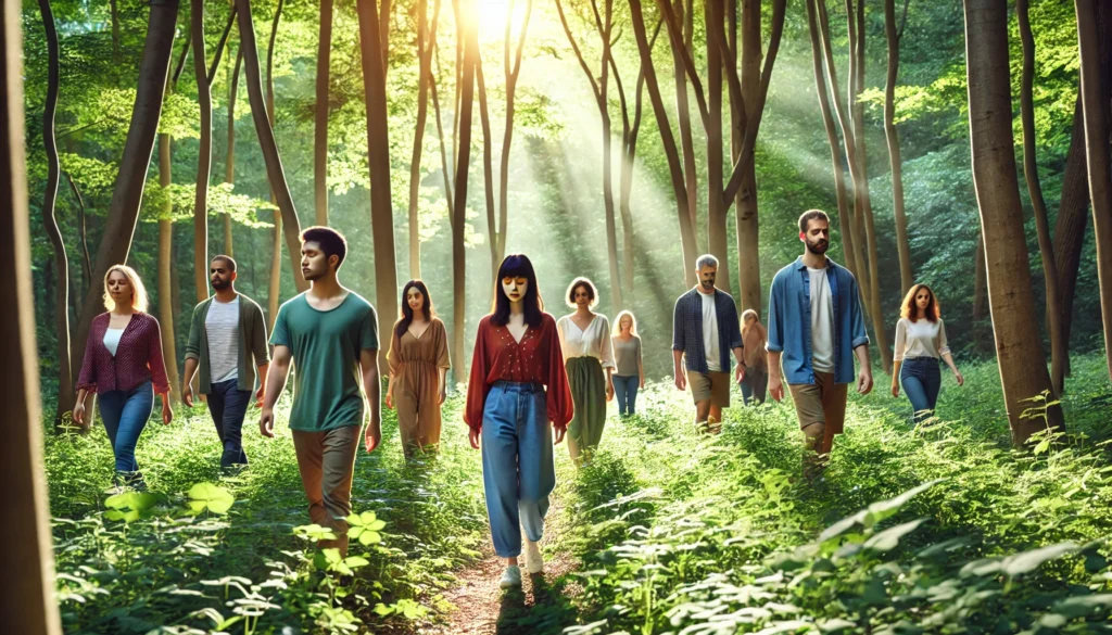 A diverse group of people walking mindfully through a lush green forest, practicing silent walking meditation. They move slowly, appreciating nature, while sunlight filters through the trees, creating a peaceful glow.