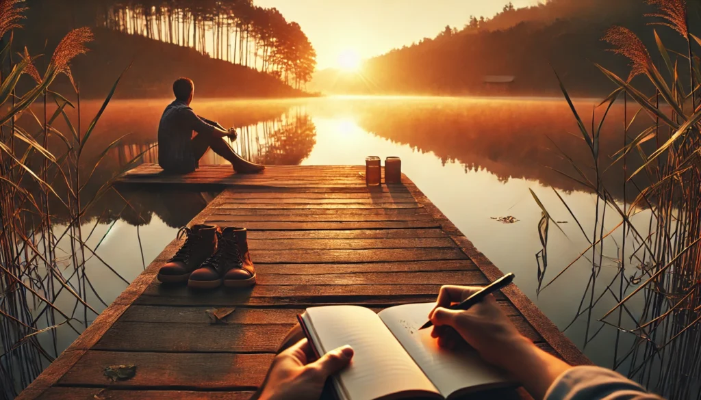 A peaceful lakeside scene at sunrise, where a person sits on a wooden dock, journaling their thoughts, reflecting on mindfulness, and practicing stress management.