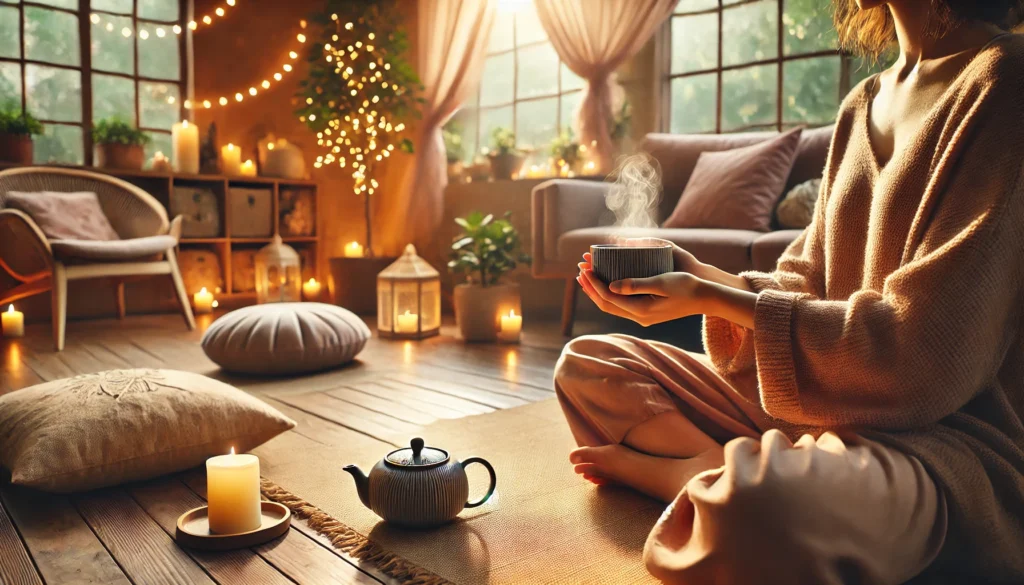 A cozy indoor space with soft lighting, where a person holds a warm cup with both hands, engaging in mindful tea drinking, surrounded by a peaceful and stress-free atmosphere.