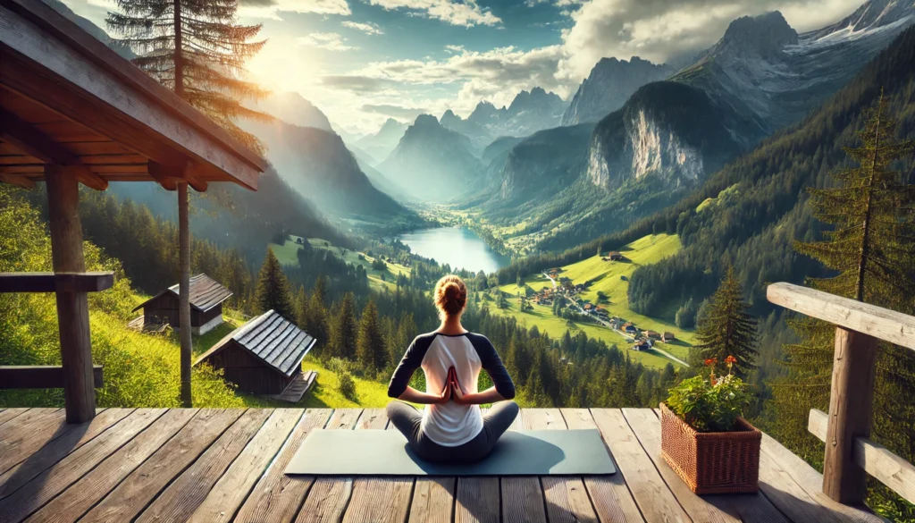 A serene mountain retreat where a person is practicing mindful yoga on a wooden deck overlooking a scenic valley, surrounded by fresh air and peaceful nature, symbolizing stress relief and balance.