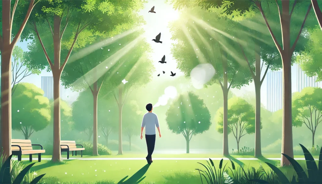 A person taking a peaceful walk through a lush green park, breathing deeply and enjoying the fresh air. Sunlight filters through the trees, and birds are seen flying in the background, creating a serene and stress-reducing atmosphere.