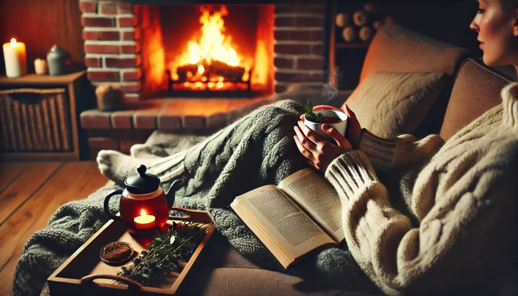 A cozy evening scene with a person curled up on a couch, wrapped in a soft blanket, sipping herbal tea while reading a book. A crackling fireplace adds warmth, creating a comforting and stress-relieving environment.