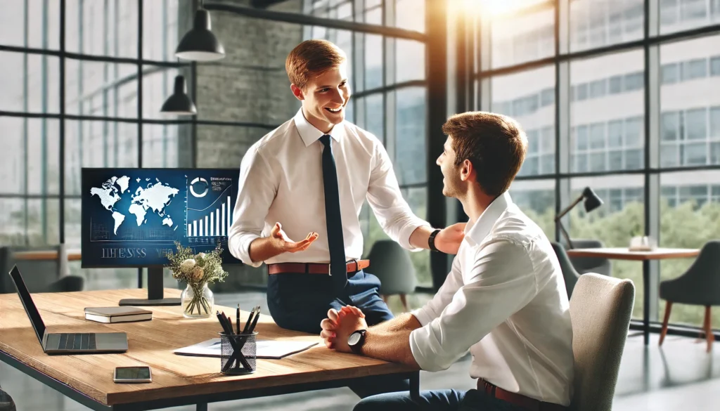 A manager holding a one-on-one meeting with an employee in a bright and modern office, creating a supportive and positive atmosphere, symbolizing effective communication as a technique to boost motivation.