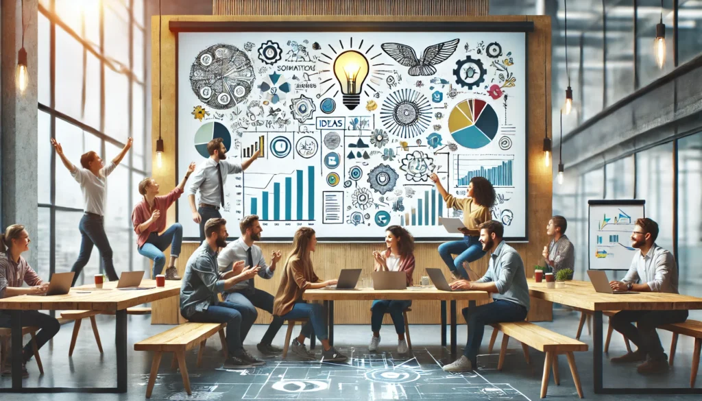 A group of employees collaborating in a breakout area with laptops and charts, sharing ideas enthusiastically in a bright and casual workspace, symbolizing teamwork and collaboration as a technique to boost motivation.