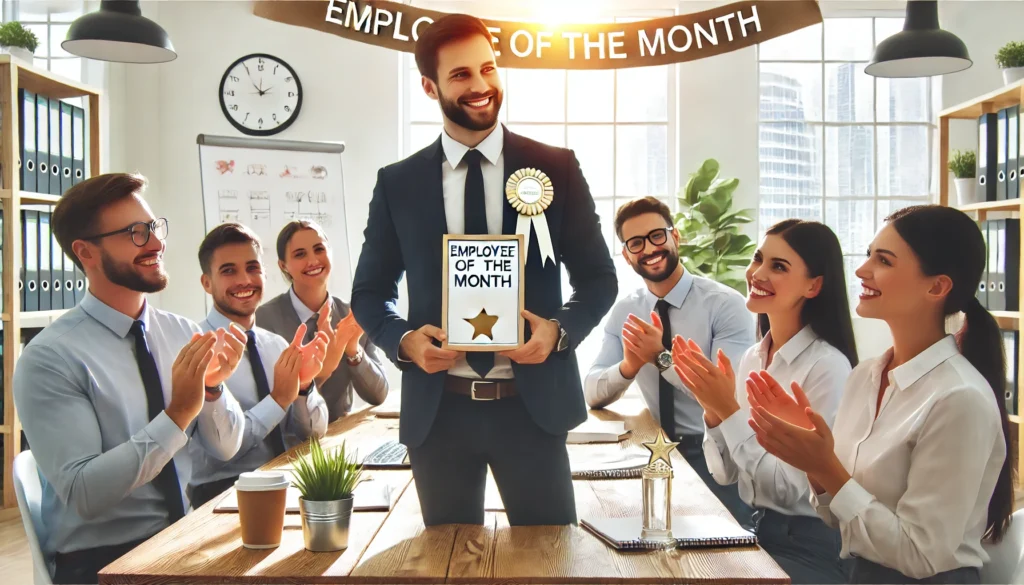 A manager presenting employee of the month awards in a bright office, surrounded by smiling colleagues in a supportive and celebratory atmosphere, symbolizing recognition and rewards as effective motivation techniques.