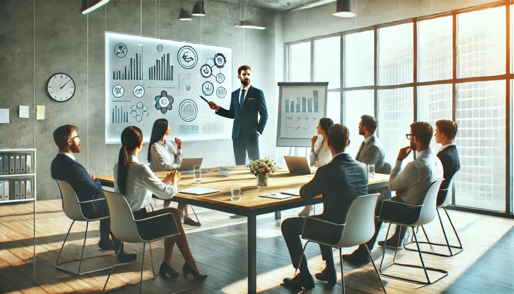 A team leader giving a motivational talk to colleagues in a bright, modern meeting room with large windows, a whiteboard, and sticky notes, symbolizing guidance, teamwork, and workplace motivation.