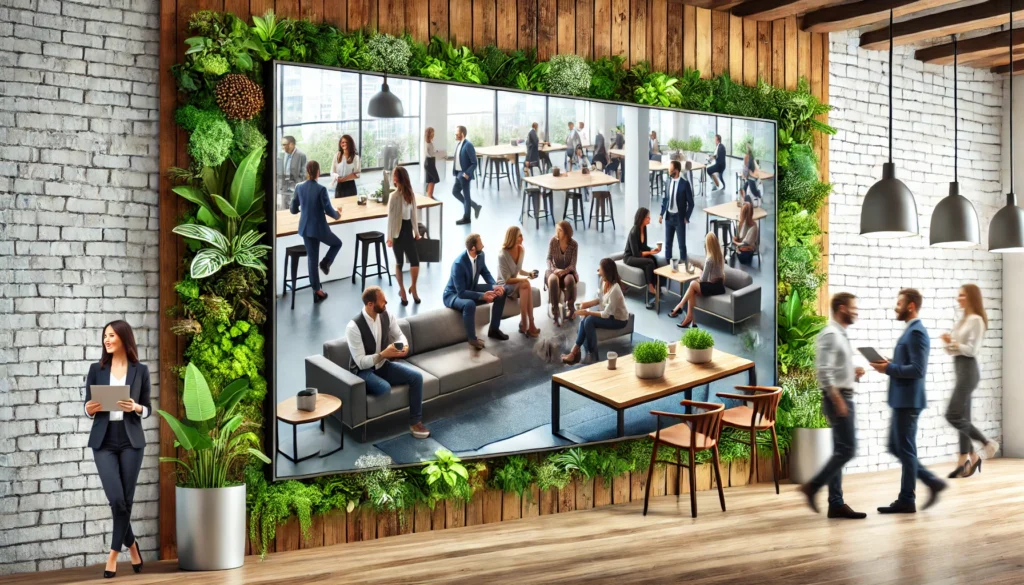 A modern office breakout area where colleagues are relaxing, sharing coffee, and having informal discussions, surrounded by greenery and natural light, symbolizing balance, engagement, and workplace motivation.