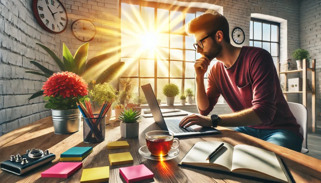 An inspiring workspace with an employee focused on a laptop, surrounded by motivational elements like plants, colorful sticky notes, and a cup of tea, with sunlight streaming through a large window, symbolizing focus and workplace productivity.