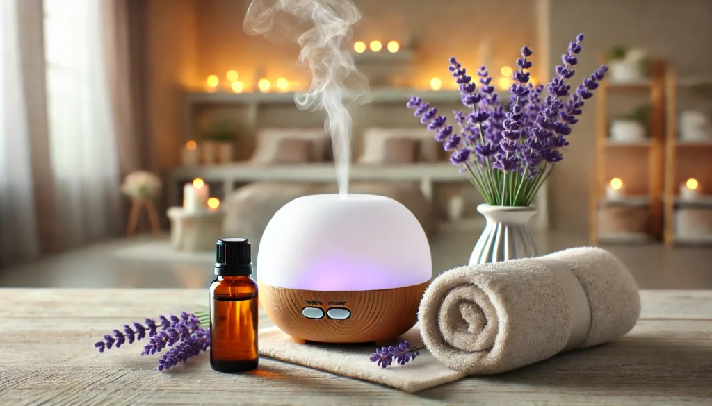 Calming wellness setup with lavender essential oil for headache relief, featuring a diffuser emitting mist, fresh lavender flowers, and a soft rolled towel in a peaceful ambiance.