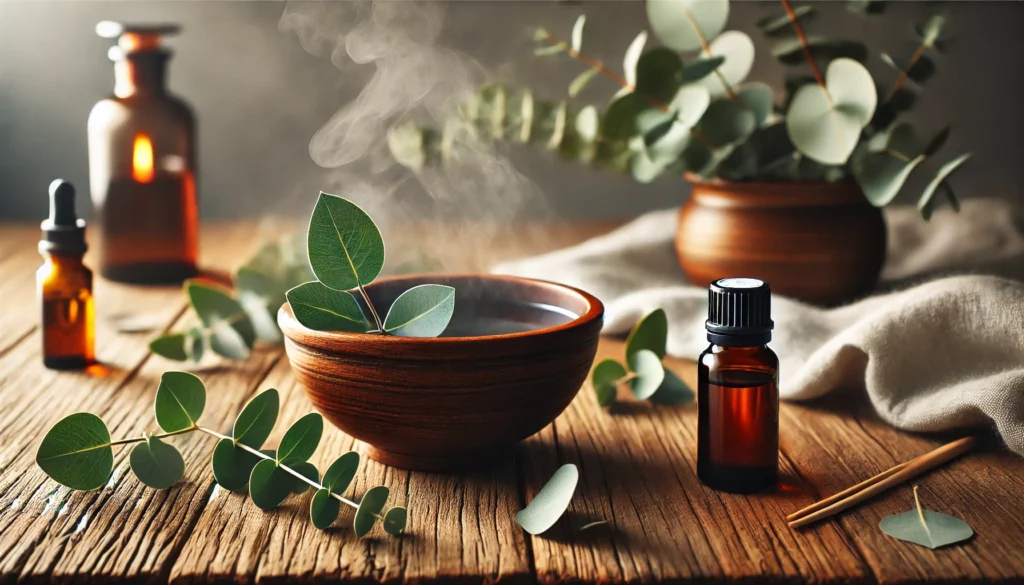 Natural remedy display with eucalyptus essential oil for headaches, showing an amber bottle, a steaming bowl for inhalation therapy, and fresh eucalyptus leaves in a rustic setting.