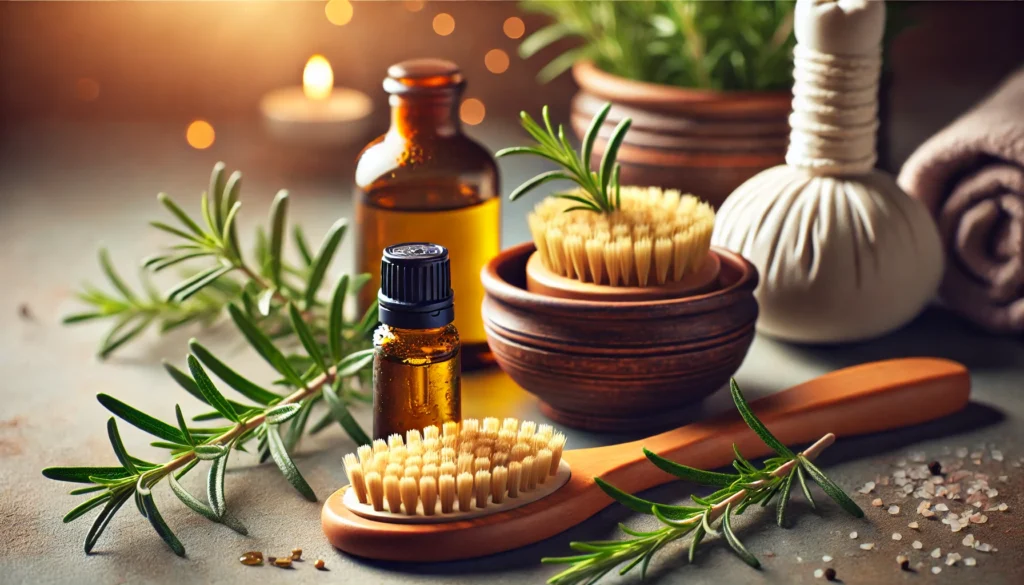 Holistic wellness scene with rosemary essential oil for headache relief, including a small bottle, a wooden massage brush, a ceramic bowl of carrier oil, and fresh rosemary sprigs in a warm, inviting atmosphere.