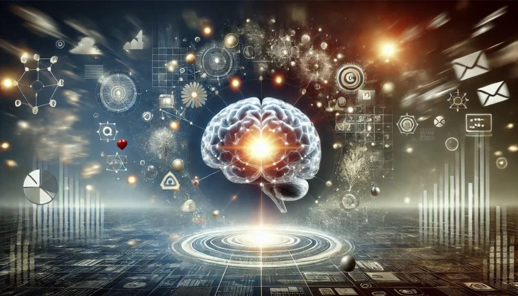 A glowing brain surrounded by calm, organized elements like light orbs and geometric patterns. Blurred chaotic elements, such as flying notifications, fade into the background, emphasizing clarity and productivity.