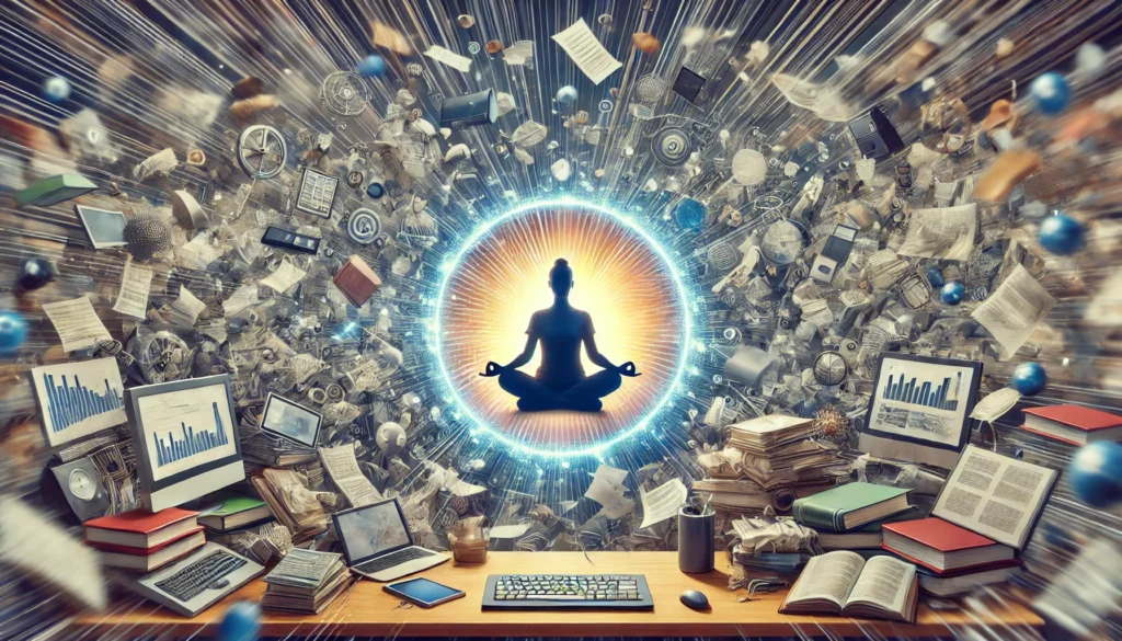 A meditating person in the center of a chaotic room filled with blurry objects like books and digital devices. A glowing circle of calm surrounds them, pushing distractions outward, symbolizing mindfulness and focus.