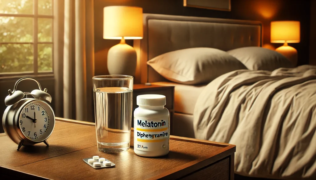 A peaceful bedroom setting featuring a bottle of melatonin and diphenhydramine on a bedside table next to a glass of water. The warm lighting and cozy atmosphere highlight their role in supporting sleep and reducing anxiety symptoms.