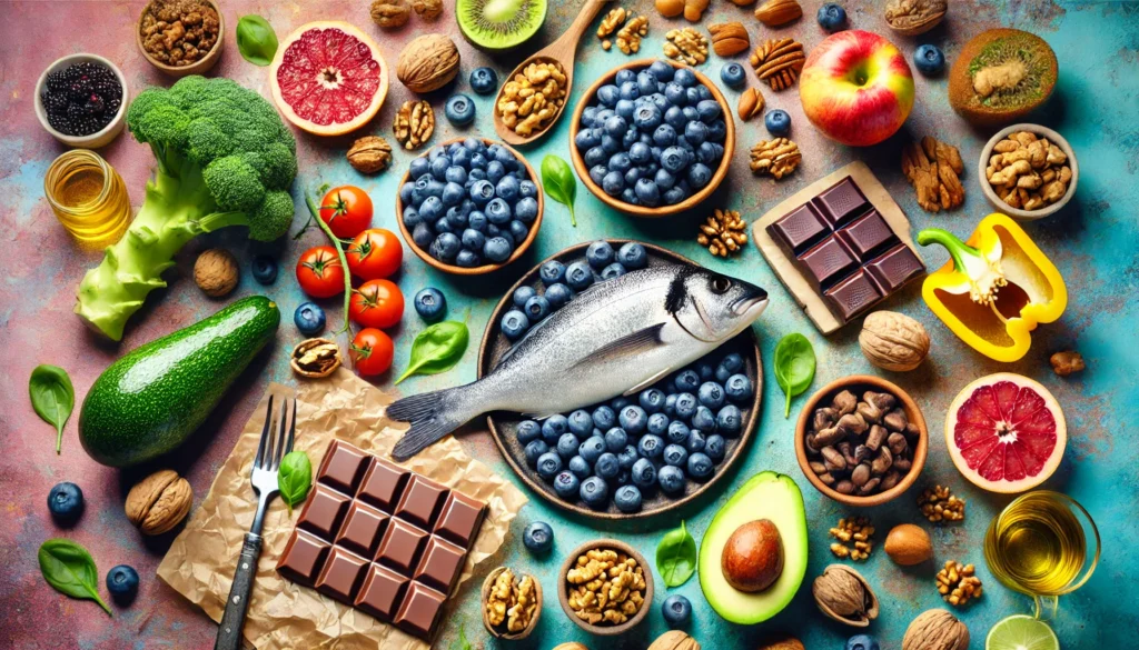 A vibrant kitchen countertop displaying an assortment of brain-boosting foods, including blueberries, walnuts, dark chocolate, avocado, and fatty fish. The fresh ingredients highlight natural nutrition for cognitive function and memory enhancement.