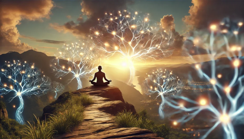 A serene outdoor scene featuring a person meditating on a hilltop at sunrise, surrounded by glowing neural connections forming in the air. The image represents mindfulness as a way to strengthen neural pathways and prevent depression.