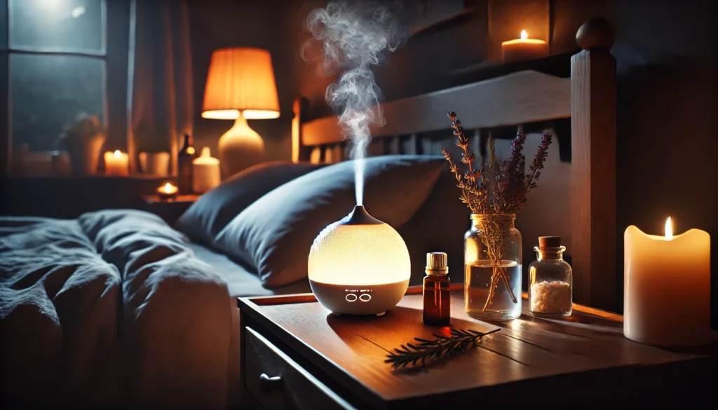 A calming nighttime scene featuring a diffuser emitting a soft mist of essential oils like lavender and rosemary, placed on a bedside table with warm ambient lighting. The setting highlights the role of aromatherapy in supporting brain health and relaxation for better memory recall.