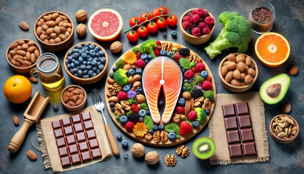 A vibrant kitchen scene featuring a table full of brain-boosting foods, including salmon, nuts, berries, and dark chocolate, arranged in an inviting way. The image highlights the role of nutrition in strengthening neural pathways and improving mental well-being.