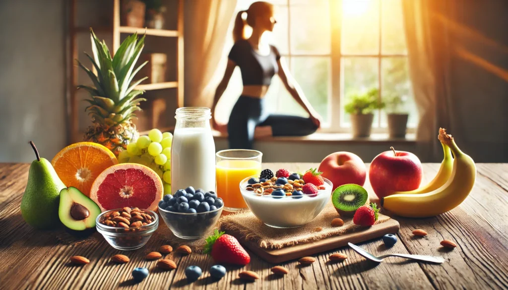 A vibrant scene representing a healthy lifestyle, featuring a balanced breakfast with fresh fruits, nuts, and yogurt on a wooden table. In the background, a person stretches near a sunlit window, emphasizing wellness, mindfulness, and nutrition.