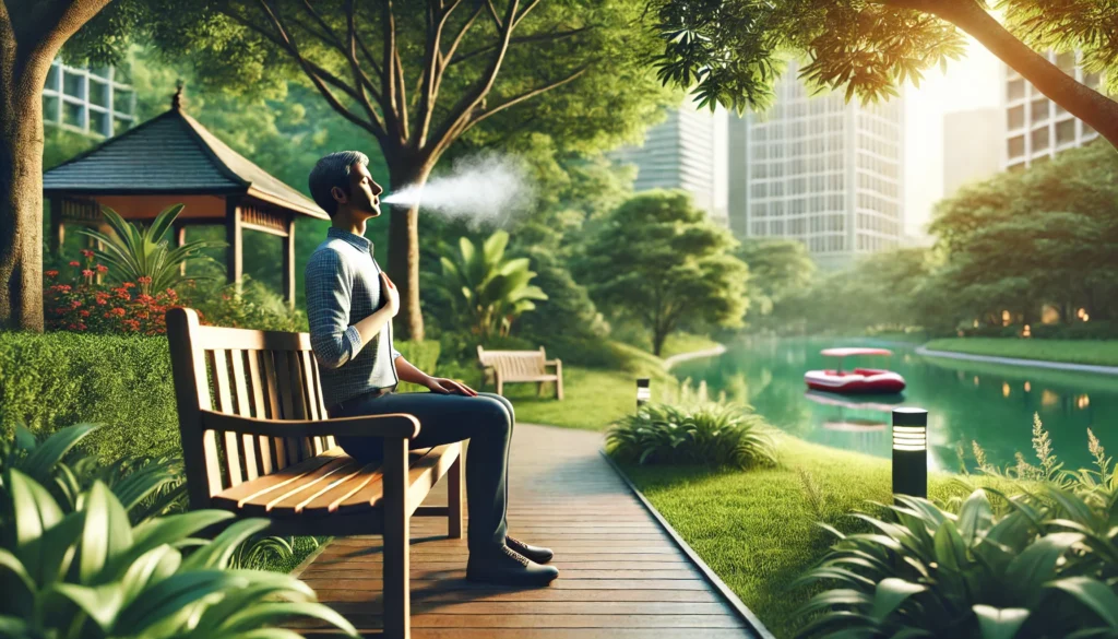 A peaceful outdoor park setting where a person sits on a bench, placing one hand on their chest and another on their stomach while practicing diaphragmatic breathing. The lush greenery and gentle breeze enhance the sense of relaxation.