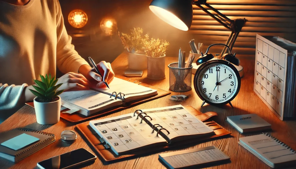 A productive workspace with a person using a planner and clock at a tidy desk, representing stress reduction through effective scheduling and organization.