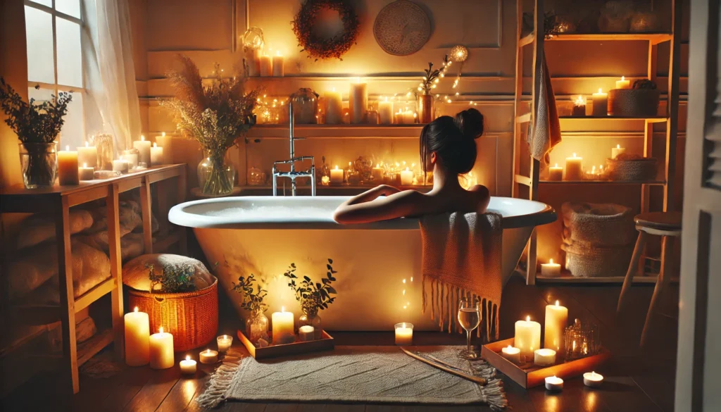 A cozy bath scene with a person unwinding in warm water, surrounded by candles and soft lighting, emphasizing personal well-being and relaxation techniques.