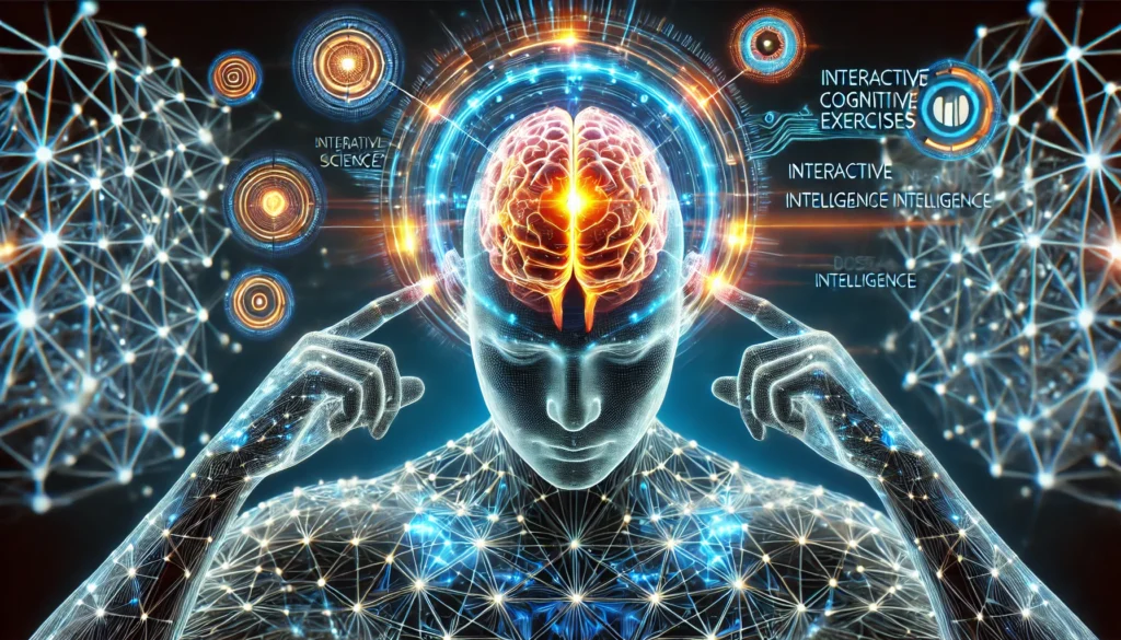 A futuristic and immersive representation of a human brain actively engaging with interactive cognitive exercises. The glowing neural networks and digital intelligence patterns symbolize the Posit Science app’s ability to enhance memory, attention, and overall mental performance.